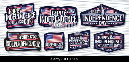 Logos vectoriels pour le jour de l'indépendance, collection d'étiquettes avec illustration de symboles américains, étiquettes décoratives avec lettrage au pinceau unique pour han Illustration de Vecteur