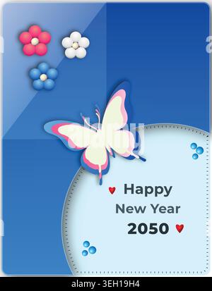 Bonne année 2050 carte de voeux avec un papillon stylisé coupé en papier, des fleurs décoratives en 3D et de petits coeurs sur un fond bleu superposé. Illustration de Vecteur