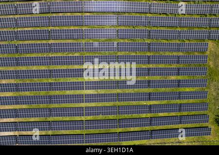 Vue aérienne d'une grande ferme de panneaux solaires avec des rangées de panneaux photovoltaïques installés sur de l'herbe verte à Guanaja, département des îles Bay, Honduras. Banque D'Images