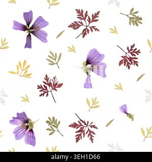Motif floral sans couture avec des fleurs de mauve violettes sur fond transparent. PNG botanique haute résolution avec plantes pressées isolées et automne Banque D'Images