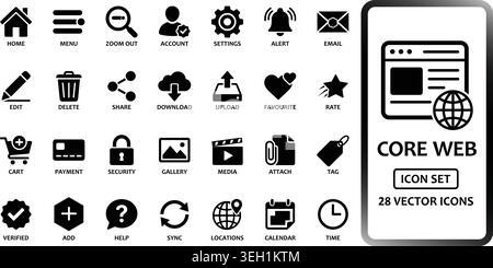 Collection complète de vingt-huit icônes de glyphes solides noirs pour le développement de sites Web et d'applications mobiles. Comprend les symboles de navigation essentiels Illustration de Vecteur