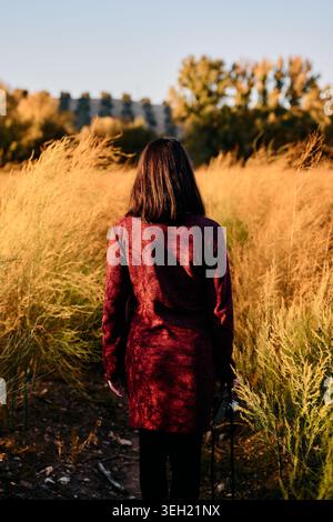 Photographe femme marchant dans un grand champ d'herbe au coucher du soleil Banque D'Images