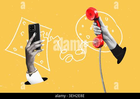 une main tient un téléphone fixe rouge et l'autre main tient un smartphone moderne. Concept de communication intergénérationnelle. Conception plate Banque D'Images