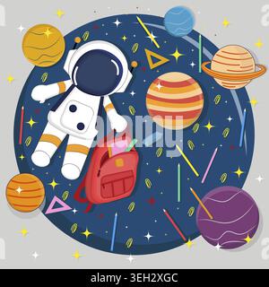 Astronaute de bande dessinée flottant dans l'espace avec sac à dos d'école rouge, entouré de planètes colorées, étoiles, formes géométriques et crayons de couleur, bleu foncé c Banque D'Images
