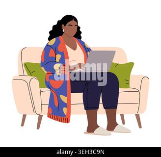 Femme s'assoit confortablement sur le canapé avec ordinateur portable Illustration de Vecteur
