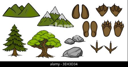 Ensemble d'illustrations vectorielles d'éléments de camping de bande dessinée, y compris les montagnes, les arbres, les rochers et les empreintes d'animaux Illustration de Vecteur