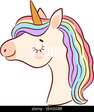 Profil de tête de licorne crème magique avec une longue crinière arc-en-ciel pastel, corne dorée et yeux fermés. Illustration vectorielle plate fantaisiste pour enfants nursery de Illustration de Vecteur