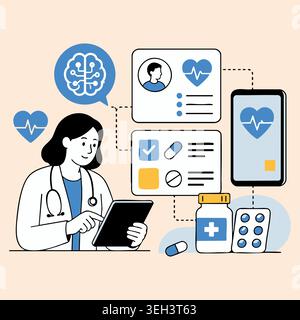 Médecin féminin tenant un ordinateur de tablette numérique regardant les dossiers médicaux L'interface de santé cardiaque du cerveau graphiques illustration vectorielle de ligne Illustration de Vecteur