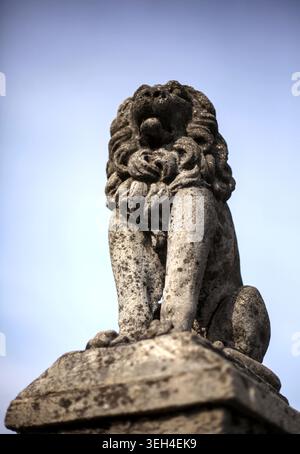 Vue en bas angle d'une majestueuse statue de lion en pierre assise sur un piédestal contre un fond de ciel bleu clair. Banque D'Images