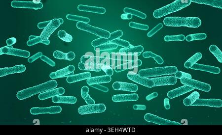 Bactéries fluorescentes vertes ou virus sous microscope. Bactéries fluorescentes vertes ou virus sous microscope. Pathogènes, infection bactérienne, représentation microscopique, microbiologie, maladie, contagieux. Modèle, illustration 3D science031s01 bactéries Banque D'Images