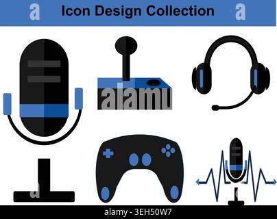 Une collection d'icônes plates pour les jeux, la diffusion en continu et l'équipement audio en bleu et noir. Illustration de Vecteur