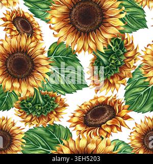 Modèle sans couture avec tournesols et feuilles de tournesol. Illustration d'aquarelle dessinée à la main. Beau motif floral. Parfait pour les textiles, la décoration Banque D'Images