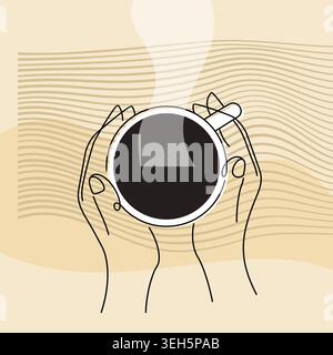Bannière de café - mains tenant une tasse dans la vue de dessus. Illustration vectorielle abstraite Illustration de Vecteur