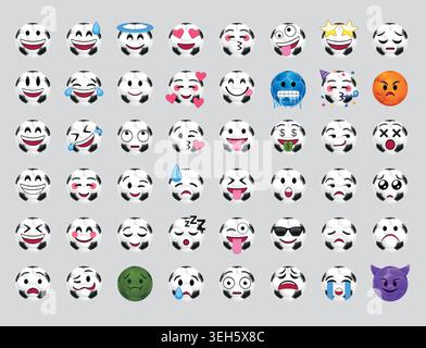 Ensemble de 48 emojis ronds de ballon de football blanc et noir avec différentes expressions faciales : heureux, méchant, pleurs, amoureux, malade, faire la fête, surpris Illustration de Vecteur