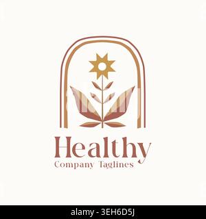 Élégant logo de santé de style bohémien avec symbole floral et tons terreux, véhiculant le bien-être naturel, l'équilibre et l'image de marque de style de vie organique. Illustration de Vecteur