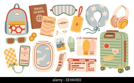 Ensemble d'autocollants de voyage dessinés à la main avec valise, passeport, fenêtre d'avion et carte d'embarquement. Éléments de vacances d'été mignons pour la conception touristique. Minimaliste Illustration de Vecteur