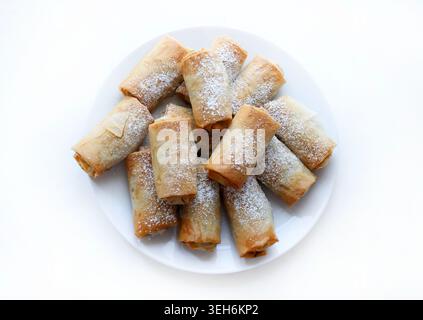 Petits rouleaux de strudel aux pommes croustillants faits avec de la pâte filo et saupoudrés de sucre en poudre. Délicieux dessert aux fruits maison servi sur une assiette blanche. Banque D'Images