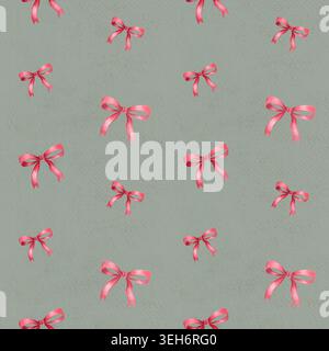 Noeud en ruban rouge sur un motif aquarelle minimale sans couture vert doux. Élément festif simple peint à la main, espacement organique, design moderne propre parfait Banque D'Images