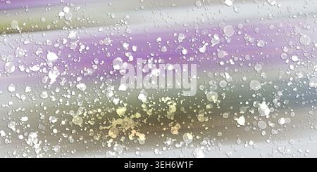 Un fond abstrait doux et rêveur avec un dégradé pastel de violet, vert et beige, recouvert d'une dispersion d'éclaboussures de peinture blanche et de boke Banque D'Images