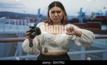 Femme tenant un appareil photo reflex numérique avec bouchon d'objectif visible, froncement des sourcils et main au front tout en pointant avec l'autre main sur le pont du navire près des grues de fret ; frustrat Banque D'Images