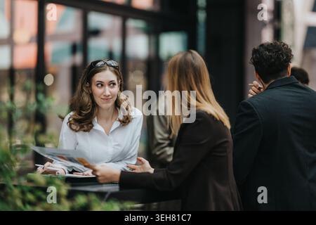 Jeune femme professionnelle discutant de documents avec des collègues lors d'une réunion d'affaires en plein air Banque D'Images