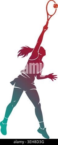 Silhouette dynamique de joueuse de tennis qui frappe un smash serve au-dessus d'une raquette et d'une balle, avec un dégradé de couleurs vives rouge à sarcelle. Illustration de Vecteur