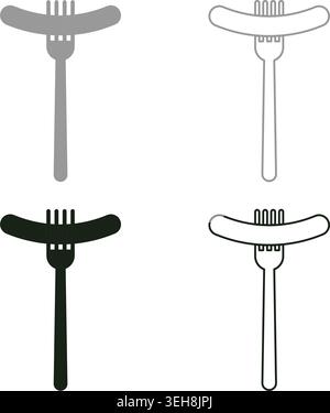 Saucisse sur la fourchette grillée barbecue viande BBQ pique-nique restaurant concept set icône gris noir couleur illustration vectorielle image simple remplissage solide Illustration de Vecteur