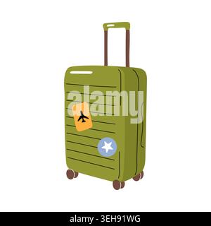 Valise de voyage verte avec des roues et des autocollants isolés sur le vecteur de fond blanc Illustration de Vecteur