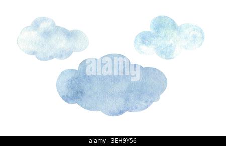 Un ensemble de nuages d'aquarelle dessinés à la main pour la conception. Une collection de clip art pour cartes postales et produits pour enfants. Banque D'Images