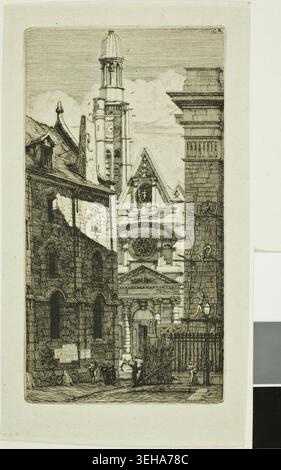 Église d'Étienne du Mont, Paris par Charles Meryon, 1852, représentant la façade de l'église gothique vue d'une rue étroite avec les bâtiments environnants et les petites figures ci-dessous Banque D'Images