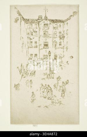 The Courtyard, Brussels de James McNeill Whistler, 1887, représentant une maison de ville de plusieurs étages avec de nombreuses fenêtres et figures rassemblées dans la rue ci-dessous Banque D'Images