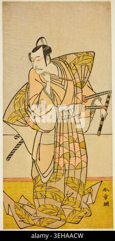 L'acteur Ichikawa Danjuro V dans le rôle de Chichibu no Shigetada de Katsukawa Shunsho, v. 1773, représentant un interprète de kabuki en costume élaboré avec une armure, des fans et une coiffe traditionnelle Banque D'Images