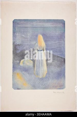 Jeune femme sur la plage par Edvard Munch, 1896, représentant une figure solitaire dans une robe blanche debout sur une rive rocheuse au crépuscule Banque D'Images