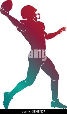 Silhouette dynamique de joueur de quarterback de football américain lançant une passe, avec un dégradé de couleurs vives rouge à sarcelle isolé sur fond blanc Illustration de Vecteur
