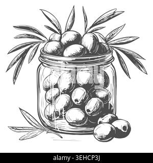 Olives dans un bocal en verre, un croquis dessiné à la main. Illustration vectorielle. Un pot d'olives avec une brindille élégante, isolé sur un fond blanc. Le thème de Cu Illustration de Vecteur