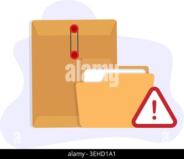 Illustration d'un dossier de documents sécurisé avec une icône d'alerte d'avertissement, représentant le risque de données, la protection des fichiers, les préoccupations de confidentialité. Illustration de Vecteur