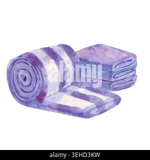 Illustration aquarelle d'une serviette rayée roulée et d'une pile de trois serviettes violettes isolées sur fond blanc. Clipart d'été peint à la main pour spa Banque D'Images