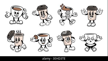 Jeu de personnages de tasse de café de dessin animé Illustration de Vecteur