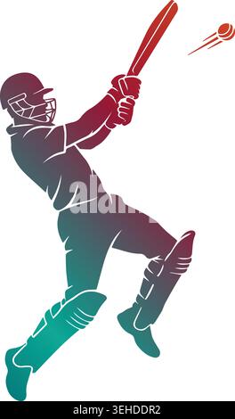 Silhouette dynamique de batteur de cricket balançant une batte pour frapper une balle volante, avec un dégradé de couleurs rouge vif à sarcelle isolé sur fond blanc Illustration de Vecteur