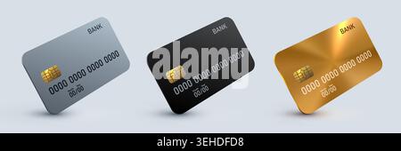 Ensemble de cartes de crédit bancaires réalistes en argent, noir et or. Financement de paiement plastique illustration vectorielle. Illustration de Vecteur