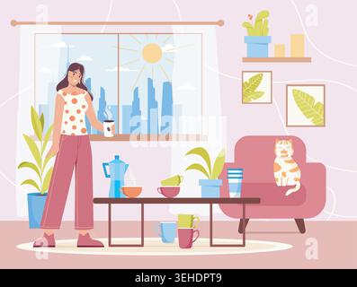 Café du matin dans une chambre confortable. Illustration vectorielle Illustration de Vecteur