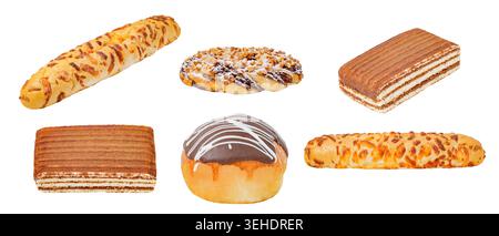 ensemble de produits de boulangerie et pâtisseries sucrées isolé sur fond blanc Banque D'Images