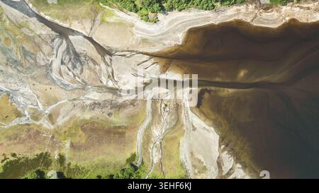 Une perspective aérienne abstraite met en valeur le réseau complexe d'un delta fluvial, révélant l'interaction entre l'eau, le sable et la végétation le long du c Banque D'Images