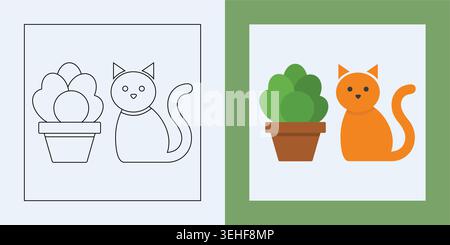Chat de dessin animé mignon assis à côté d'une plante en pot, illustration vectorielle simple pour le livre de coloriage des enfants et l'activité éducative Illustration de Vecteur