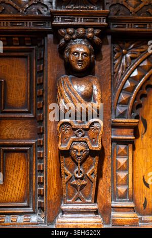 Gros plan détaillé d'un panneau antique en bois sombre présentant des éléments décoratifs complexes sculptés à la main, y compris un buste humain portant un Banque D'Images