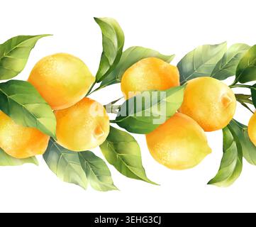 Motif sans couture avec une guirlande de citrons aquarelles vibrants avec des feuilles vertes luxuriantes, parfait pour des motifs frais et estivaux Banque D'Images