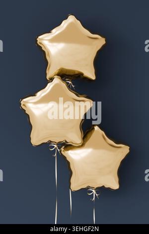 Trois ballons d'étoile en or brillant sur fond bleu foncé. Ballons en forme d'étoile. rendu 3d. Banque D'Images