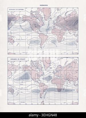 Deux cartes du monde comparant l'isobare de janvier à l'isobare de juillet tirées d'un ancien dictionnaire français. Banque D'Images