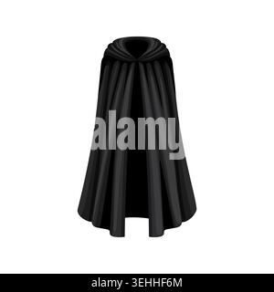 Vêtements de manteau, cape et manteau noirs Dracula et Halloween. Manteau noir de dessin animé avec capuche, montré de l'avant. Icône vectorielle pour les costumes d'Halloween, les personnages fantastiques ou le projet de vêtements gothiques Illustration de Vecteur
