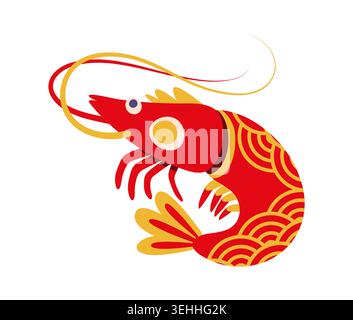 Crevette pour icône de vacances du nouvel an japonais avec ornement asiatique pour le symbole du Japon. Crevette rouge ou crevette ebi dans l'art décoratif traditionnel avec ornement festif pour le plat du nouvel an japonais ou les sushis de fruits de mer Illustration de Vecteur